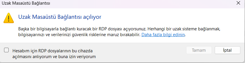 Uzak Masaüstü Bağlantısı açılıyor uyarısı